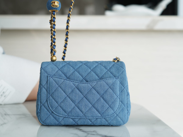 CL Denim Quilted Mini Pearl Crush Flap Blue
